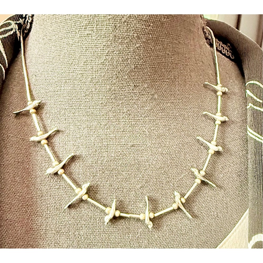 Artisan Bird Fetish Style Necklace Mixed Metal Silver Tone Copper Tone 18"